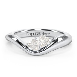 Tilted Double Heart Gemstone Ring with Curved Band in 925 Sterling Silver with Cubic Zirconia