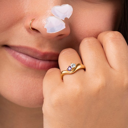 Tilted Double Heart Gemstone Ring with Curved Band