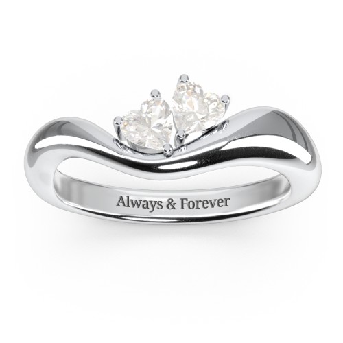 Tilted Double Heart Gemstone Ring with Curved Band – Sterling Silver with Cubic Zirconia