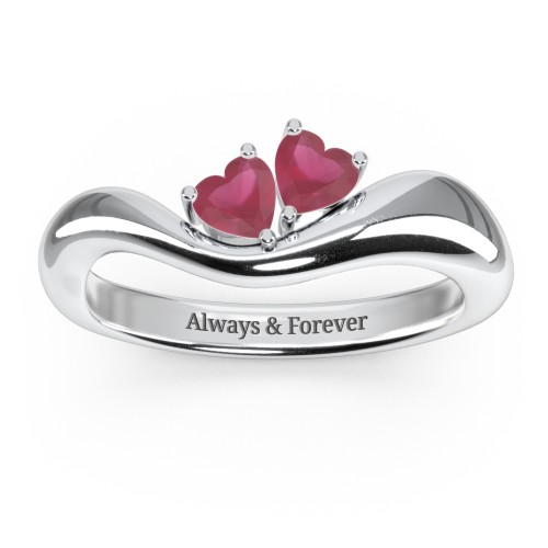 Tilted Double Heart Gemstone Ring with Curved Band