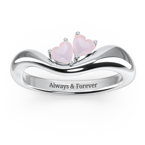 Tilted Double Heart Gemstone Ring with Curved Band