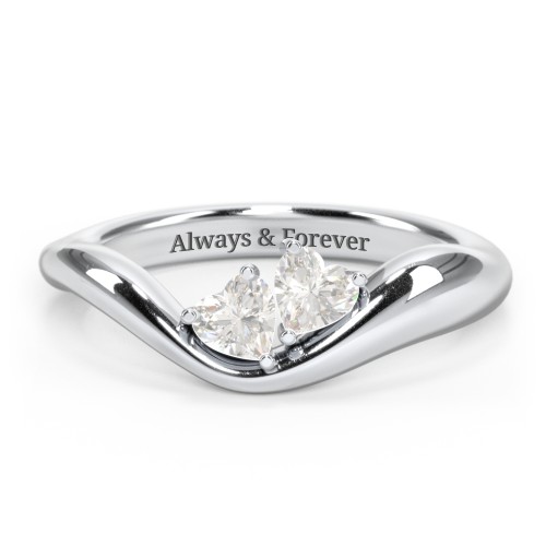 Tilted Double Heart Gemstone Ring with Curved Band – Sterling Silver with Cubic Zirconia