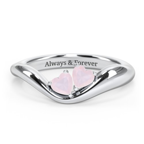 Tilted Double Heart Gemstone Ring with Curved Band