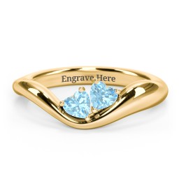 Tilted Double Heart Gemstone Ring with Curved Band in 18K Gold Plated Silver with Blue Topaz
