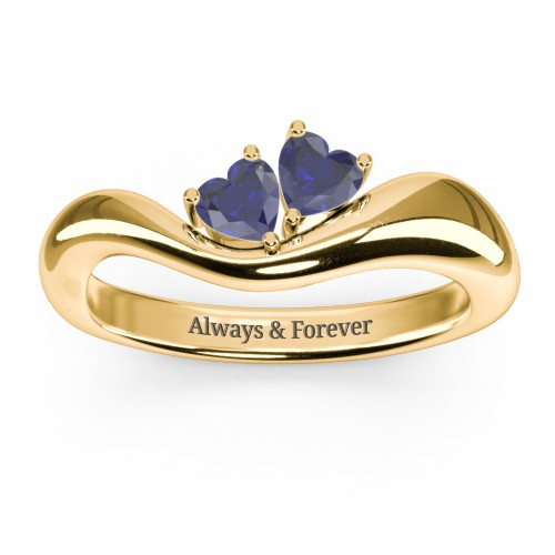 Tilted Double Heart Gemstone Ring with Curved Band – 18K Gold Plated Silver with Blue Sapphire