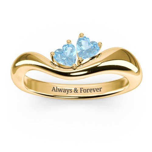 Tilted Double Heart Gemstone Ring with Curved Band – 18K Gold Plated Silver with Blue Topaz