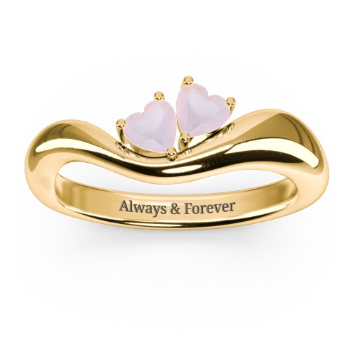 Tilted Double Heart Gemstone Ring with Curved Band – 18K Gold Plated Silver with Opal
