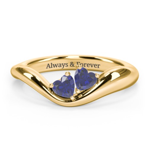 Tilted Double Heart Gemstone Ring with Curved Band – 18K Gold Plated Silver with Blue Sapphire