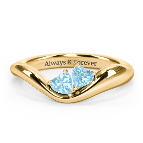 Tilted Double Heart Gemstone Ring with Curved Band – 18K Gold Plated Silver with Blue Topaz