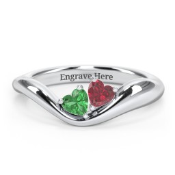 Tilted Double Heart Gemstone Ring with Curved Band in 925 Sterling Silver with Emerald and Ruby