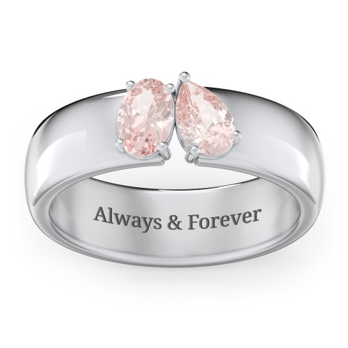Toi et Moi Oval and Pear Gemstone Ring with Wide Band – Sterling Silver with Morganite