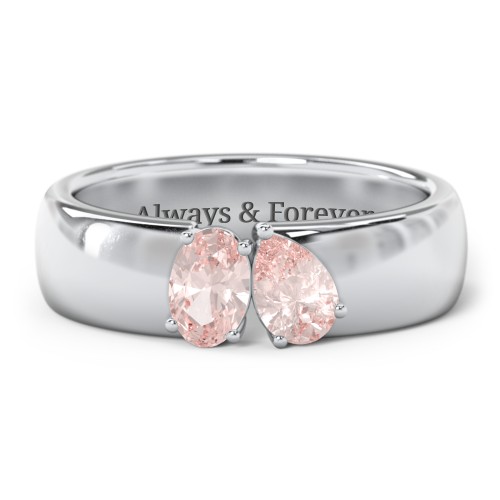 Toi et Moi Oval and Pear Gemstone Ring with Wide Band – Sterling Silver with Morganite