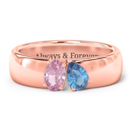 Toi et Moi Oval and Pear Gemstone Ring with Wide Band in 9K Solid Rose Gold with Pink Tourmaline and Blue Topaz