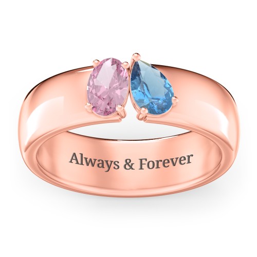 Toi et Moi Oval and Pear Gemstone Ring with Wide Band – 9kt Rose Gold with Pink Tourmaline and Blue Topaz