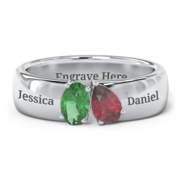 Toi et Moi Oval and Pear Gemstone Ring with Wide Band in 925 Sterling Silver with Emerald and Ruby