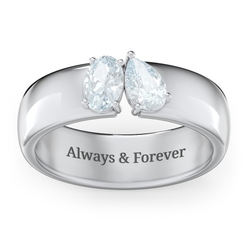 Toi et Moi Oval and Pear Gemstone Ring with Wide Band – Sterling Silver with Aquamarine