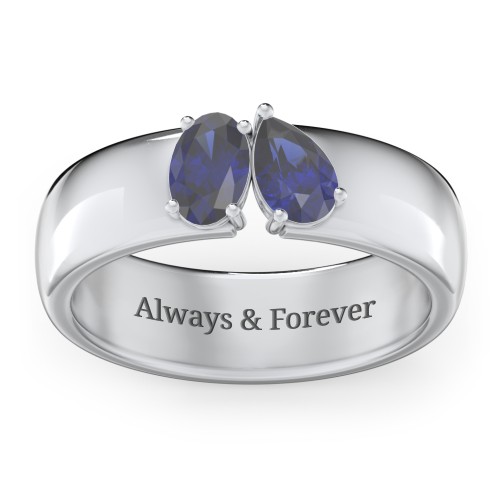 Toi et Moi Oval and Pear Gemstone Ring with Wide Band – Sterling Silver with Blue Sapphire