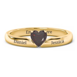 Solitaire Heart Gemstone Ring with Engravable Band in 18K Gold Plated Silver with Garnet