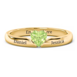 Solitaire Heart Gemstone Ring with Engravable Band in 18K Gold Plated Silver with Peridot