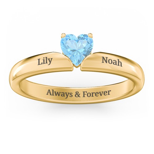 Solitaire Heart Gemstone Ring with Engravable Band – 18K Gold Plated Silver with Blue Topaz