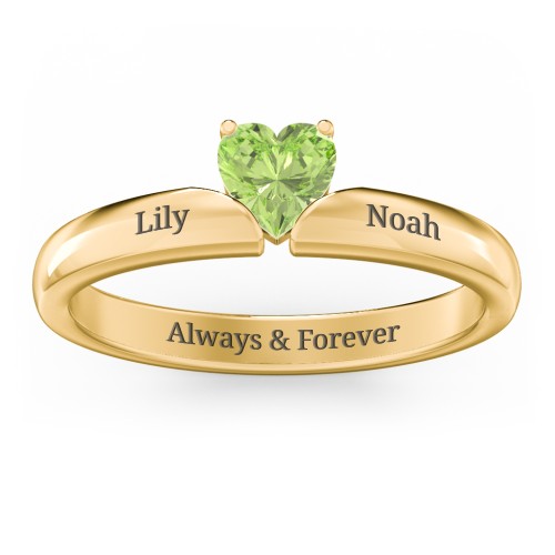 Solitaire Heart Gemstone Ring with Engravable Band – 18K Gold Plated Silver with Peridot