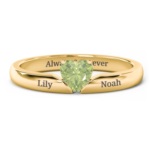 Solitaire Heart Gemstone Ring with Engravable Band – 18K Gold Plated Silver with Peridot