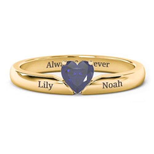 Solitaire Heart Gemstone Ring with Engravable Band – 18K Gold Plated Silver with Blue Sapphire