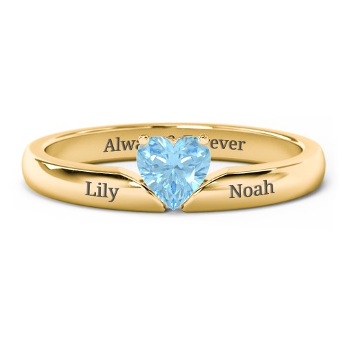 Solitaire Heart Gemstone Ring with Engravable Band – 18K Gold Plated Silver with Blue Topaz