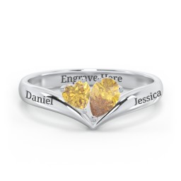 Toi et Moi Heart and Pear Gemstone Ring with V-Shape Band