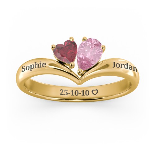 Toi et Moi Heart and Pear Gemstone Ring with V-Shape Band – 18K Gold Plated Silver with Ruby and Pink Tourmaline