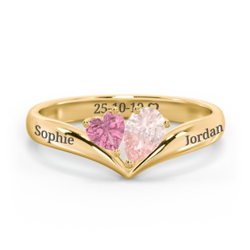 Toi et Moi Heart and Pear Gemstone Ring with V-Shape Band – 18K Gold Plated Silver with Pink Tourmaline and Morganite