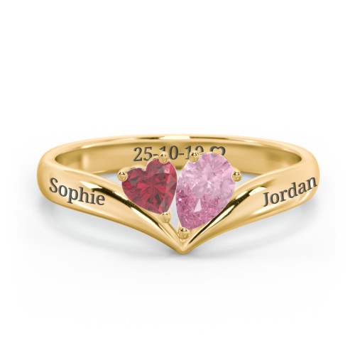 Toi et Moi Heart and Pear Gemstone Ring with V-Shape Band – 18K Gold Plated Silver with Ruby and Pink Tourmaline