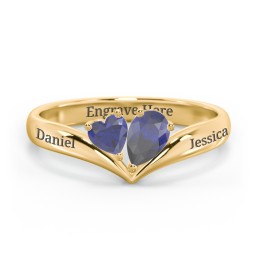 Toi et Moi Heart and Pear Gemstone Ring with V-Shape Band in 18K Gold Plated Silver with Blue Sapphire