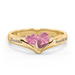 Toi et Moi Heart and Pear Gemstone Ring with V-Shape Band in 18K Gold Plated Silver with Pink Tourmaline