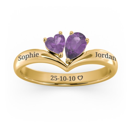 Toi et Moi Heart and Pear Gemstone Ring with V-Shape Band – 18K Gold Plated Silver with Amethyst