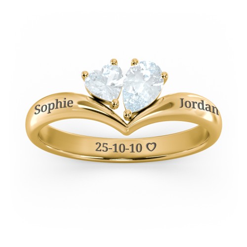 Toi et Moi Heart and Pear Gemstone Ring with V-Shape Band – 18K Gold Plated Silver with Aquamarine