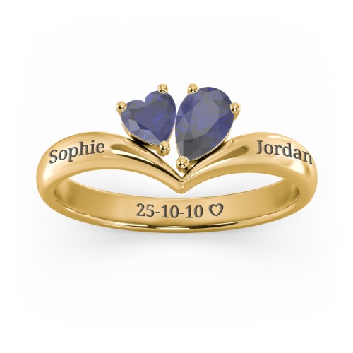 Toi et Moi Heart and Pear Gemstone Ring with V-Shape Band – 18K Gold Plated Silver with Blue Sapphire