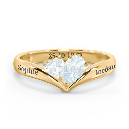 Toi et Moi Heart and Pear Gemstone Ring with V-Shape Band – 18K Gold Plated Silver with Aquamarine