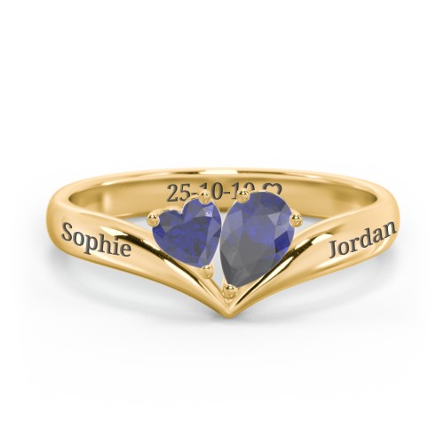 Toi et Moi Heart and Pear Gemstone Ring with V-Shape Band – 18K Gold Plated Silver with Blue Sapphire