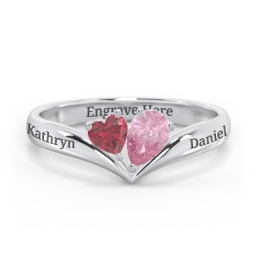 Toi et Moi Heart and Pear Gemstone Ring with V-Shape Band in 925 Sterling Silver with Ruby and Pink Tourmaline