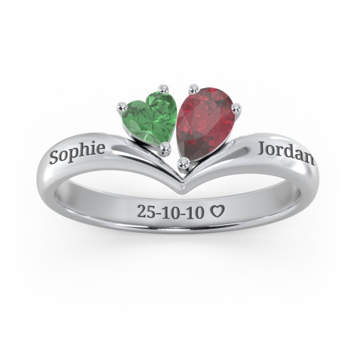 Toi et Moi Heart and Pear Gemstone Ring with V-Shape Band – Sterling Silver with Emerald and Ruby
