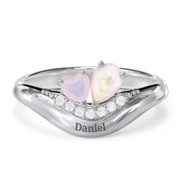Toi et Moi Heart and Pear Gemstone Ring with Curved Band and Accent Stones