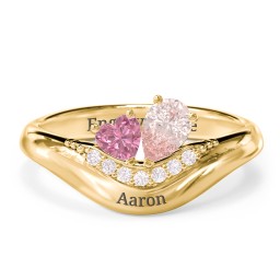 Toi et Moi Heart and Pear Gemstone Ring with Curved Band and Accent Stones in 18K Gold Plated Silver with Pink Tourmaline, Morganite, and Fancy Pink Premium Zirconia