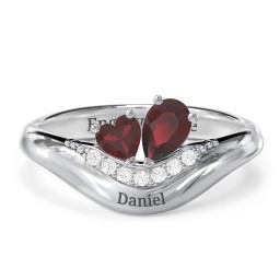 Toi et Moi Heart and Pear Gemstone Ring with Curved Band and Accent Stones