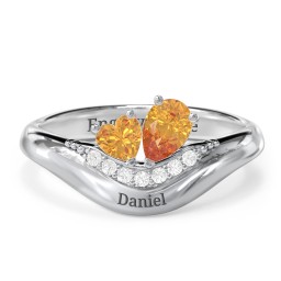 Toi et Moi Heart and Pear Gemstone Ring with Curved Band and Accent Stones
