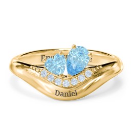 Toi et Moi Heart and Pear Gemstone Ring with Curved Band and Accent Stones in 18K Gold Plated Silver with Blue Topaz and Fancy Blue Premium Zirconia
