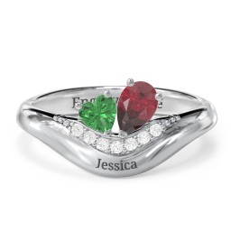 Toi et Moi Heart and Pear Gemstone Ring with Curved Band and Accent Stones in 925 Sterling Silver with Emerald, Ruby, and White Premium Zirconia