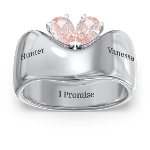 Toi et Moi Pear Gemstone Ring with Wide Curved Band – Sterling Silver with Morganite