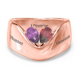 Toi et Moi Pear Gemstone Ring with Wide Curved Band in 9K Solid Rose Gold with Amethyst and Ruby