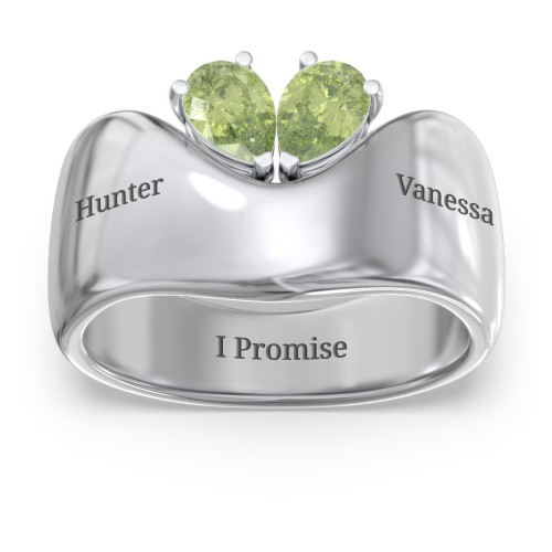 Toi et Moi Pear Gemstone Ring with Wide Curved Band – Sterling Silver with Peridot